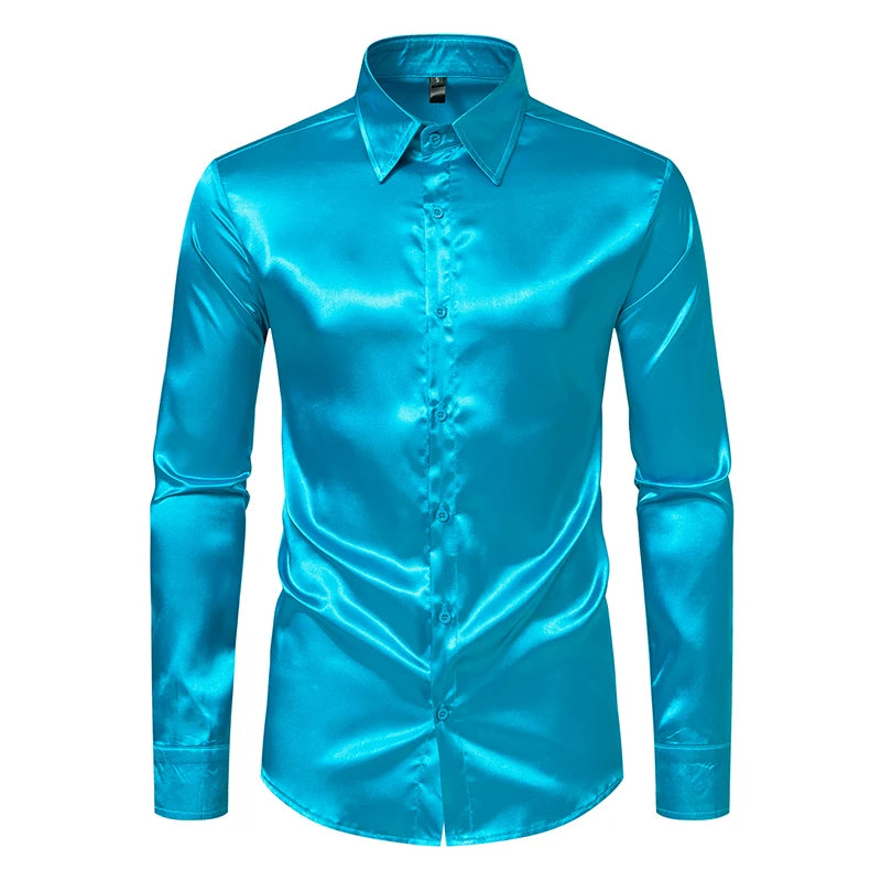 Chemise Homme Satin Noir Luxe Soie Lisse Tuxedo Mariage Soirée Prom Casual Business Bureau Élégante Couleur Unie Premium – Chemise Satin Luxe Cérémonie | Mode Homme Luxe Cérémonie Premium