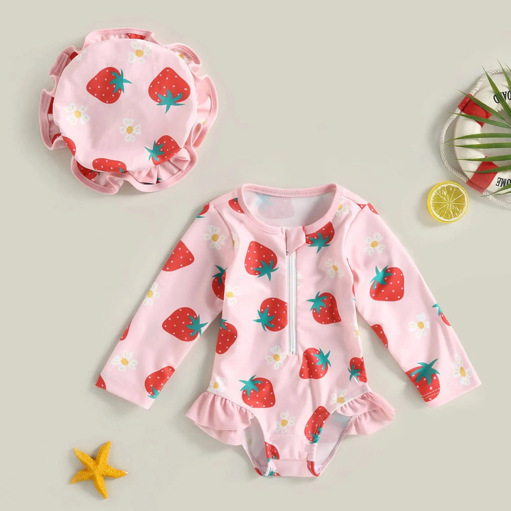 Maillot de Bain Bébé Fille Combinaison Zipper – Imprimé Flamant Rose Fleurs Manches Longues + Bandeau Été