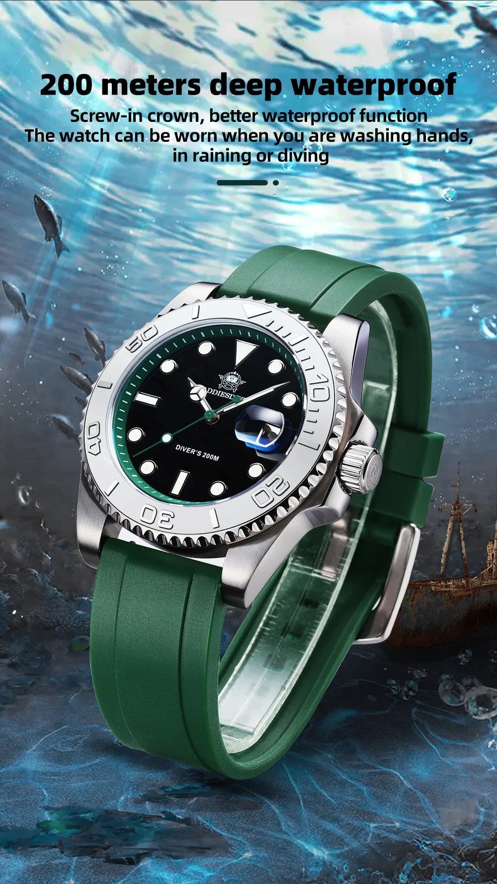 Montre Homme ADDIESDIVE AD2040 Quartz Plongée 41mm – Super Lumineuse 200M Caoutchouc Calendrier