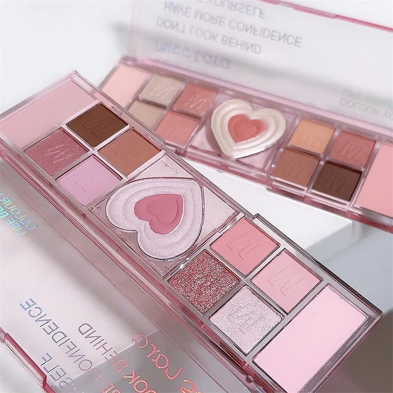 Palette Fards À Paupières 12 Couleurs Coeur Rose – Tons Froids Mat & Brun | Maquillage Coréen Naturel