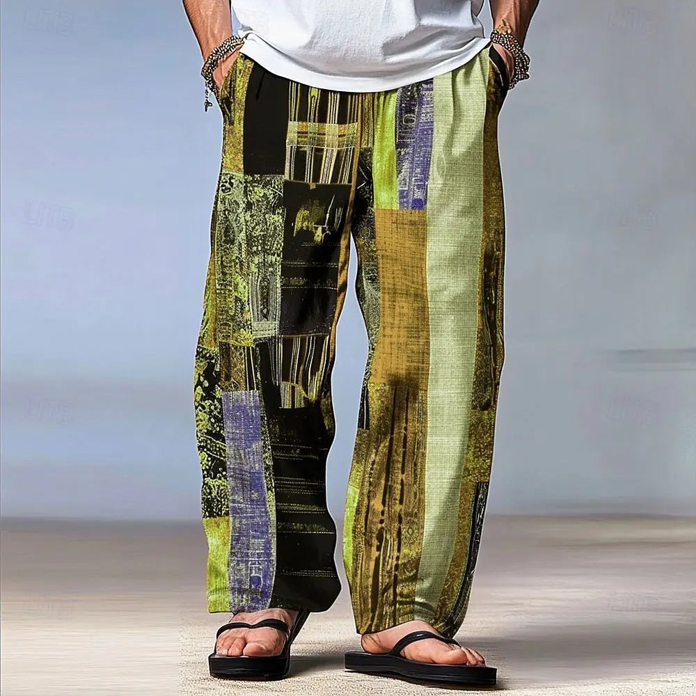 Pantalon Homme Color Block Patchwork Taille Élastique Cordon – Coupe Droite Casual Outdoor Style Hawaïen | Mode Homme