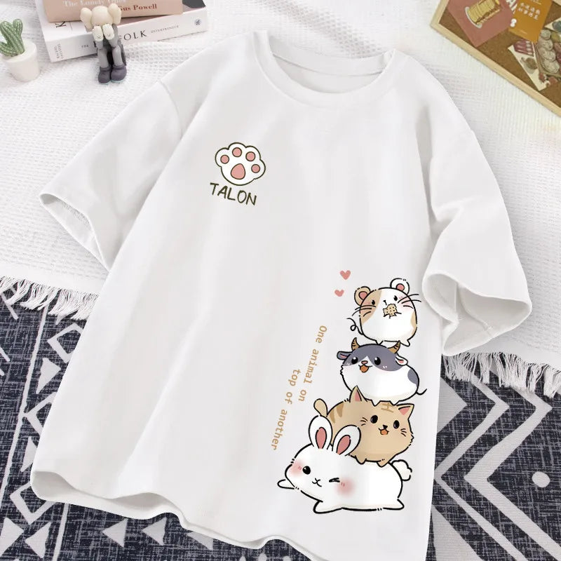 T-Shirt Imprimé Hamster Kawaii Style Japonais Femme – Coupe Loose Casual | Été Cute & Doux