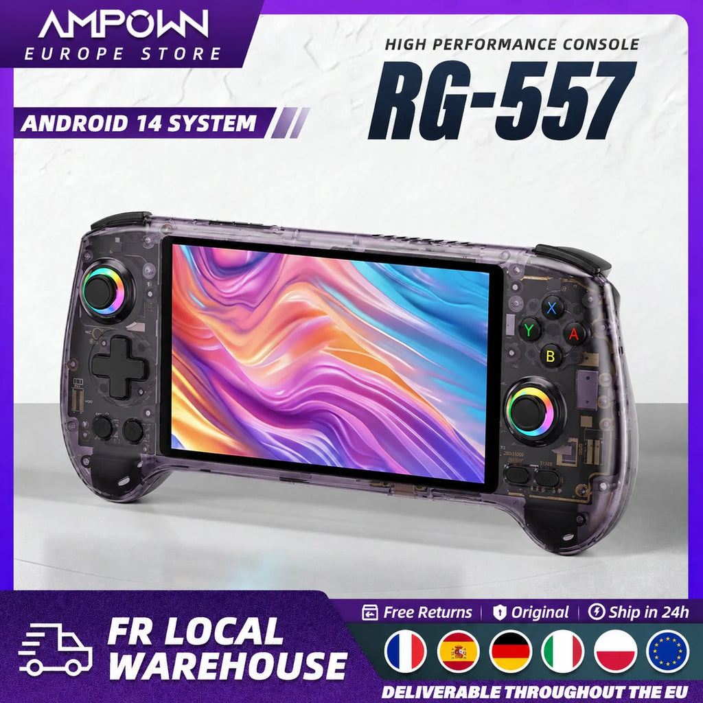 ANBERNIC RG557 Console Gaming Portable – Écran AMOLED 5.48", Android 14, Processeur Dimensity, Joystick Capacitif & Ventilation | Retrogaming Premium