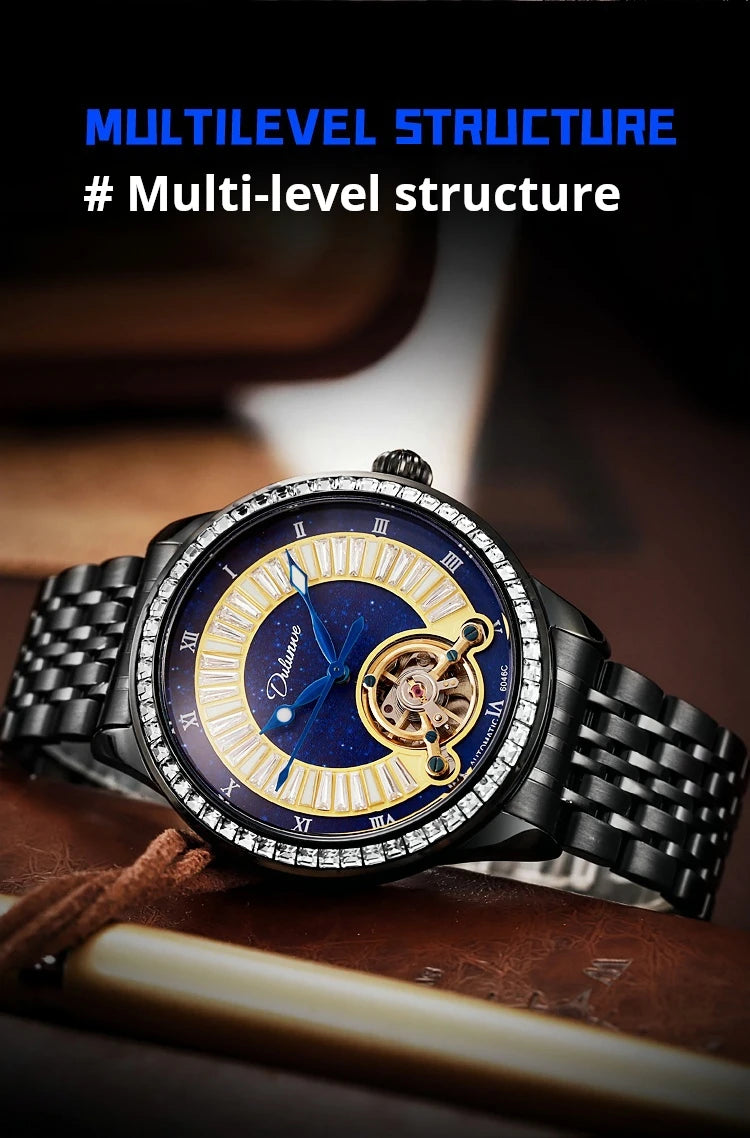 Montre Homme Tourbillon Automatique Mécanique – Cadran Strass Lumineux Sport Étanche Acier