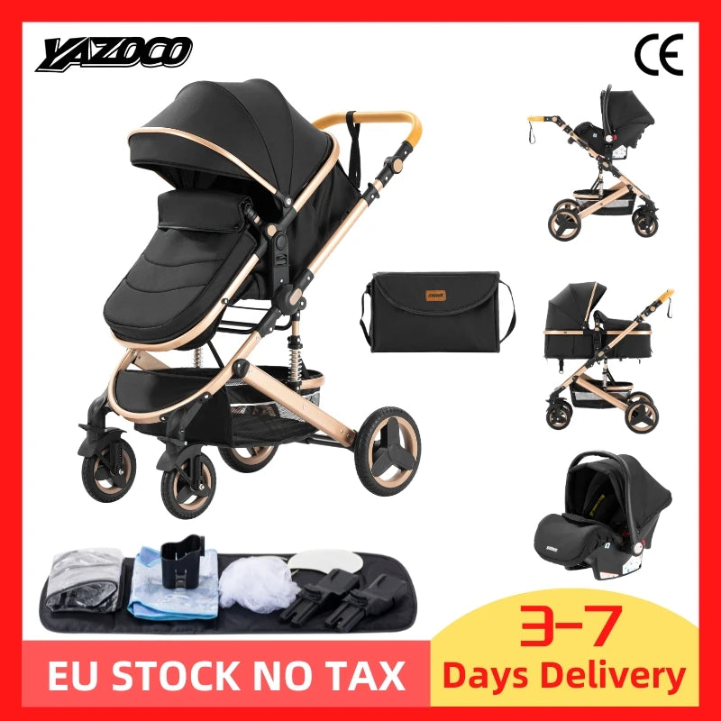 Poussette Bébé 3 en 1 Luxe Pliable Noire – Cadre Aluminium, Haute Vue, Nacelle & Siège | Voyage Nouveau-Né & Nourrisson