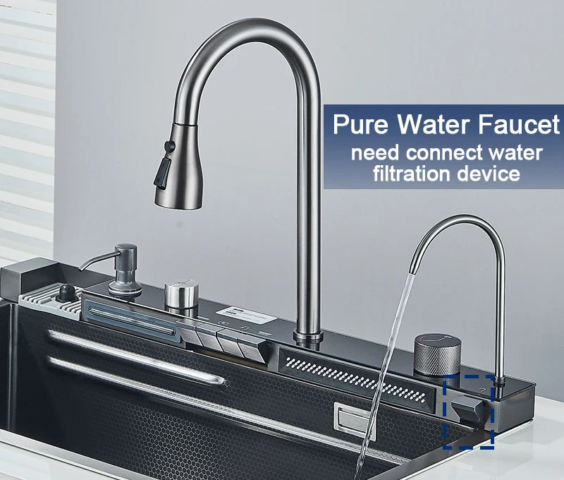 Évier Cuisine Inox 75x45cm Affichage Digital Température – Grand Bac, Robinet Cascade Eau Chaude & Froide | Design Moderne