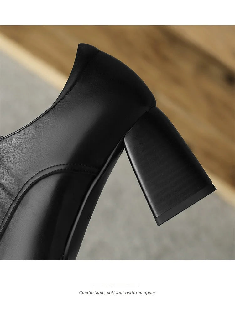 Loafers Bout Carré Chunky Heel Cuir Femme – Lacets Retro Noir Plus Size Printemps Automne
