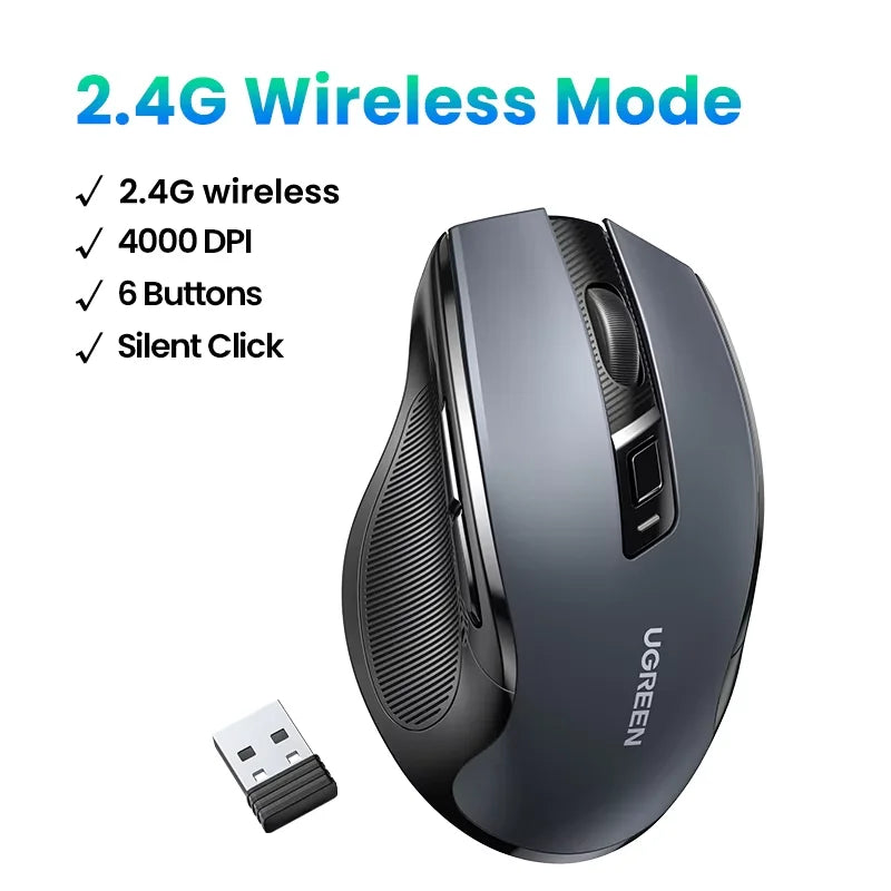 UGREEN Souris Sans Fil Ergonomique – Bluetooth 5.0 & 2.4G, 4000 DPI, 6 Boutons Silencieux | MacBook, PC & Tablette