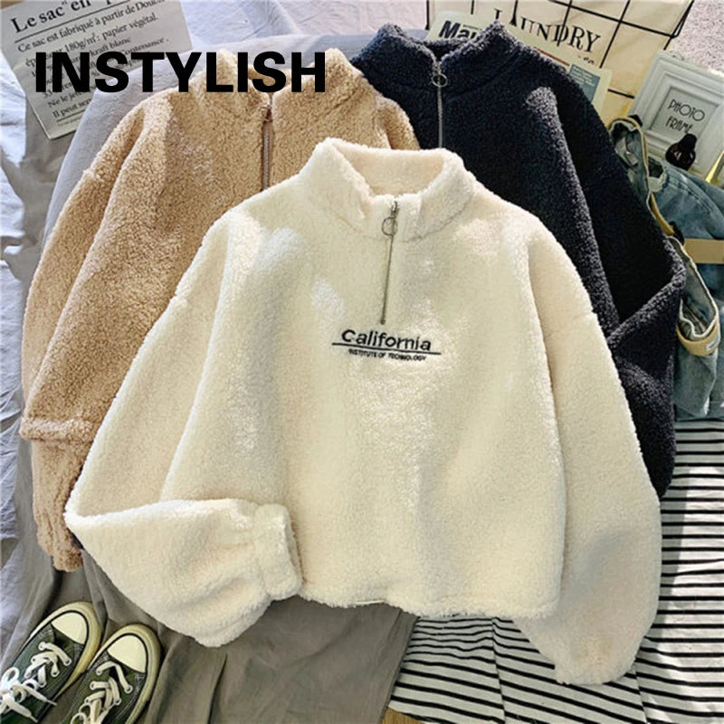 Sweat Court Femme Col Montant Polaire Brodé Cordon Manches Longues Velours Peluche Élégant – Hoodie Crop | Automne