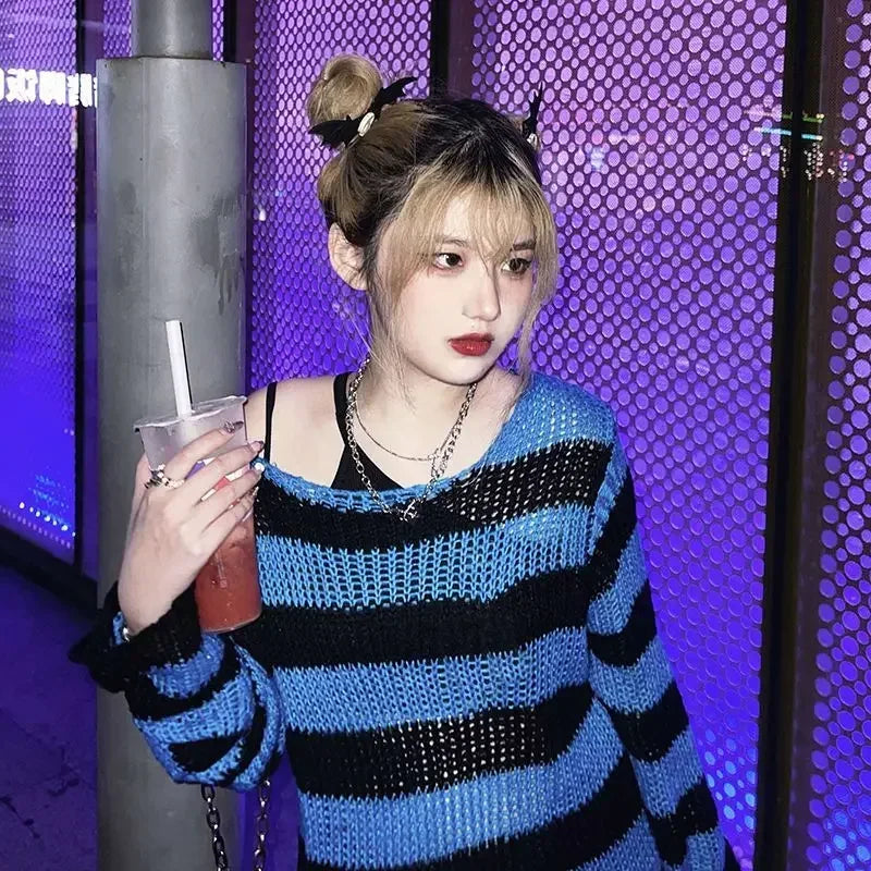 Gothic Damen Strickpullover Lila Streifen Zerrissen Ausgefranst – Fairy Grunge Lolita Emo Streetwear Stil