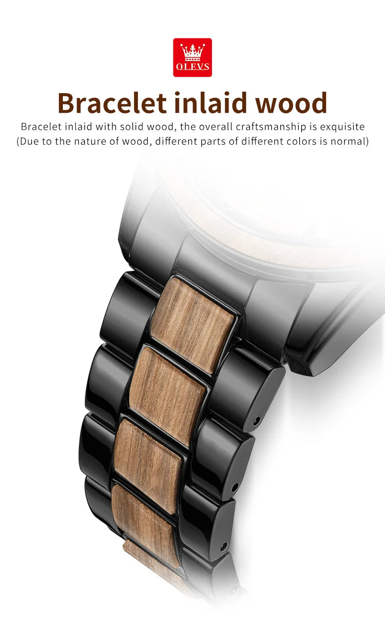 Montre Homme OLEVS Luxe Quartz – Bracelet Acier & Bois Santal Rouge Lumineux Étanche Calendrier