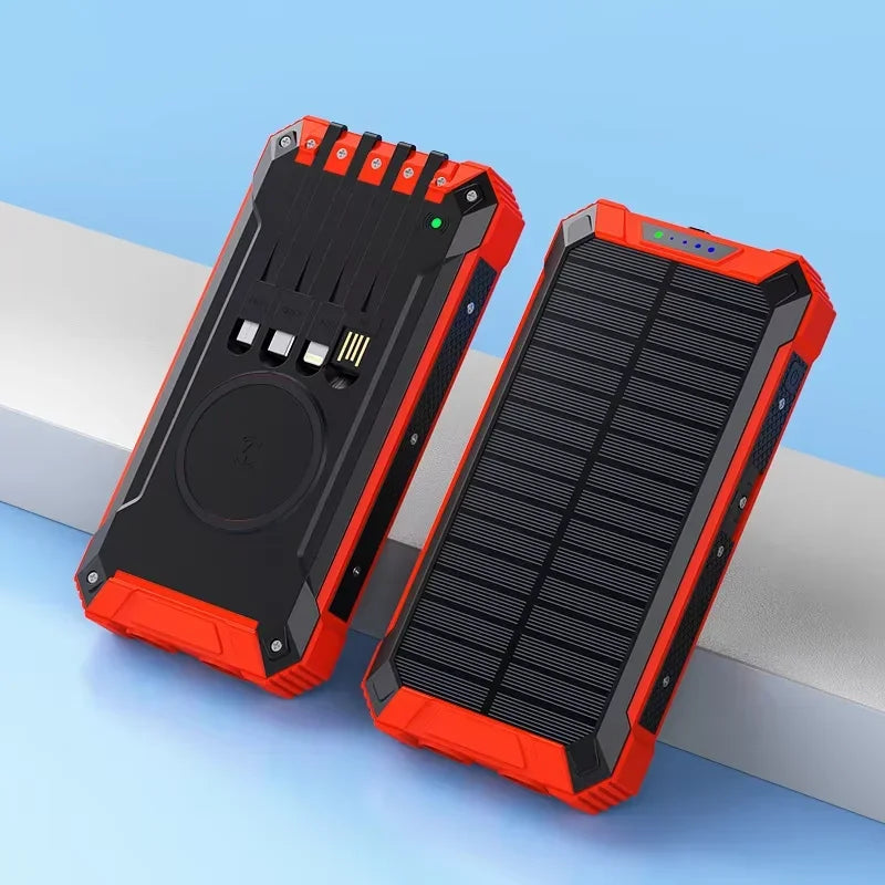 Power Bank Solaire 20000mAh – Charge Rapide Sans Fil 4 Câbles LED Lampe Torche Multifonction