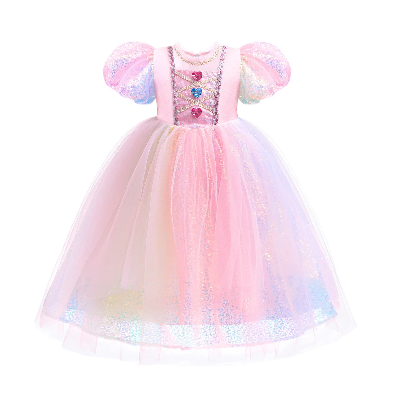 Robe Sirène Princesse Fille Paillettes Perles Manches Bouffantes – Déguisement Fête Halloween Cosplay