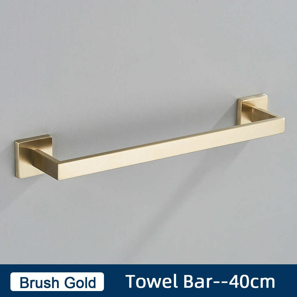 Set Accessoires Salle de Bain Inox – Porte-Serviettes, Porte-Papier & Crochet | Noir & Or Mural