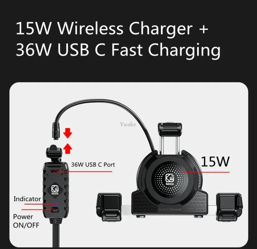 Support Téléphone Moto Chargeur Sans Fil 15W + USB-C 36W – Anti-Vol Anti-Vibration Guidon