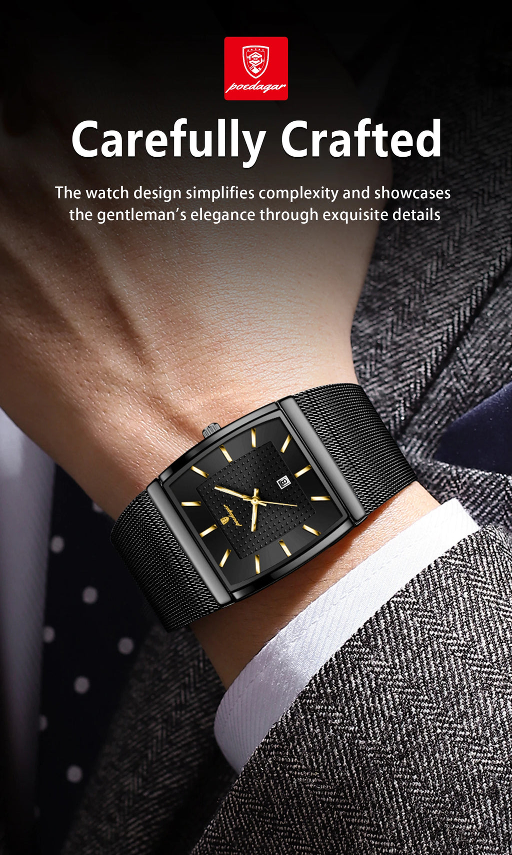 Montre Homme Luxe POEDAGAR Maille Acier Inoxydable Lumineux Date Quartz – Étanche Élégante