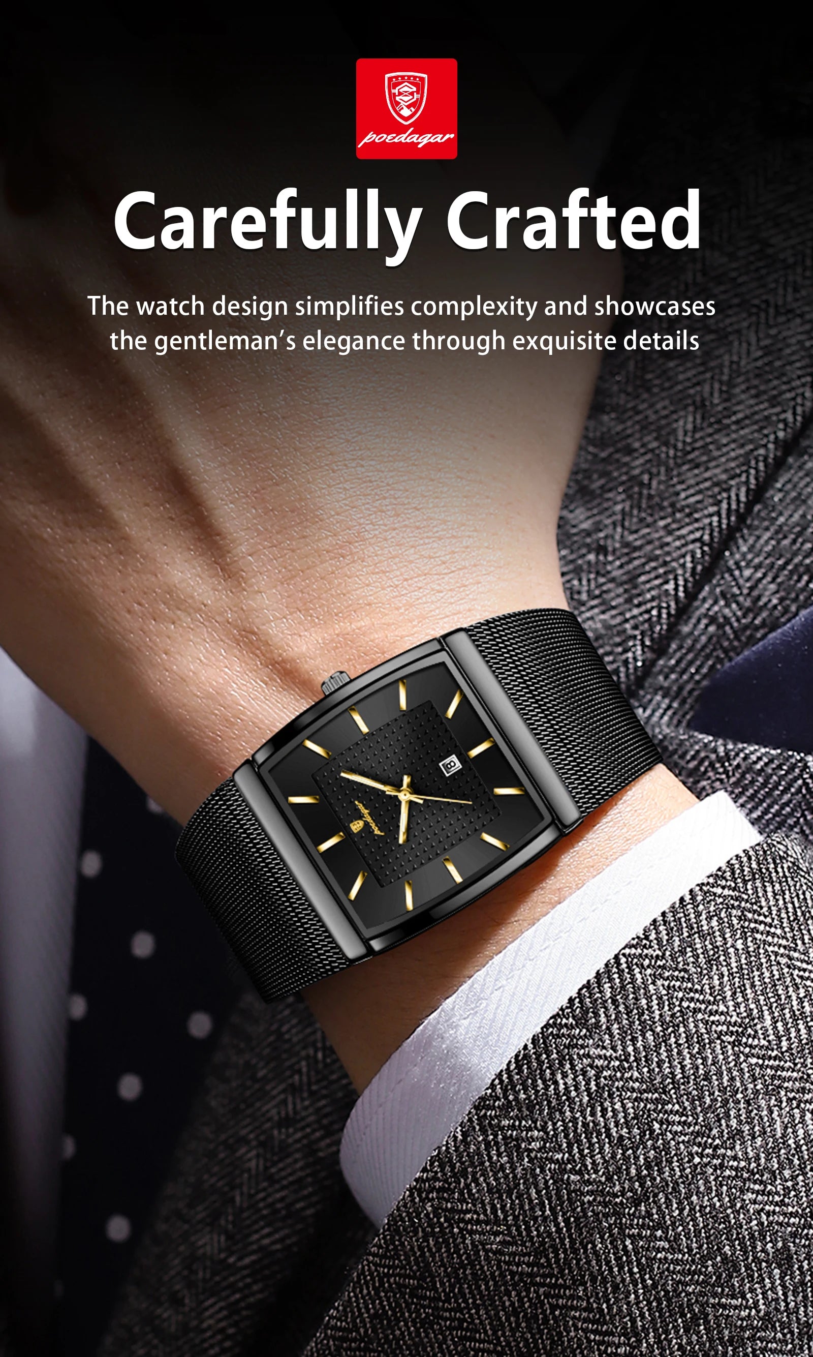 Montre Homme Luxe POEDAGAR Maille Acier Inoxydable Lumineux Date Quartz – Étanche Élégante