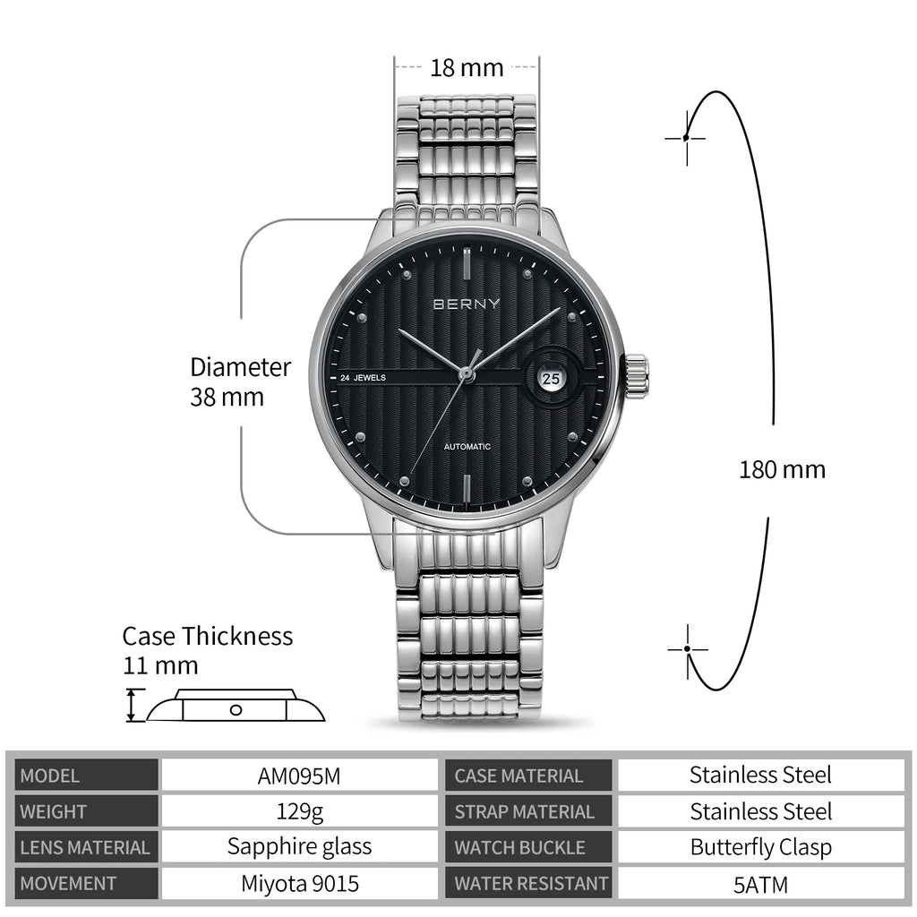 Montre Mécanique Automatique Luxe BERNY Couple Saphir Acier Miyota 9015 5ATM – Homme & Femme