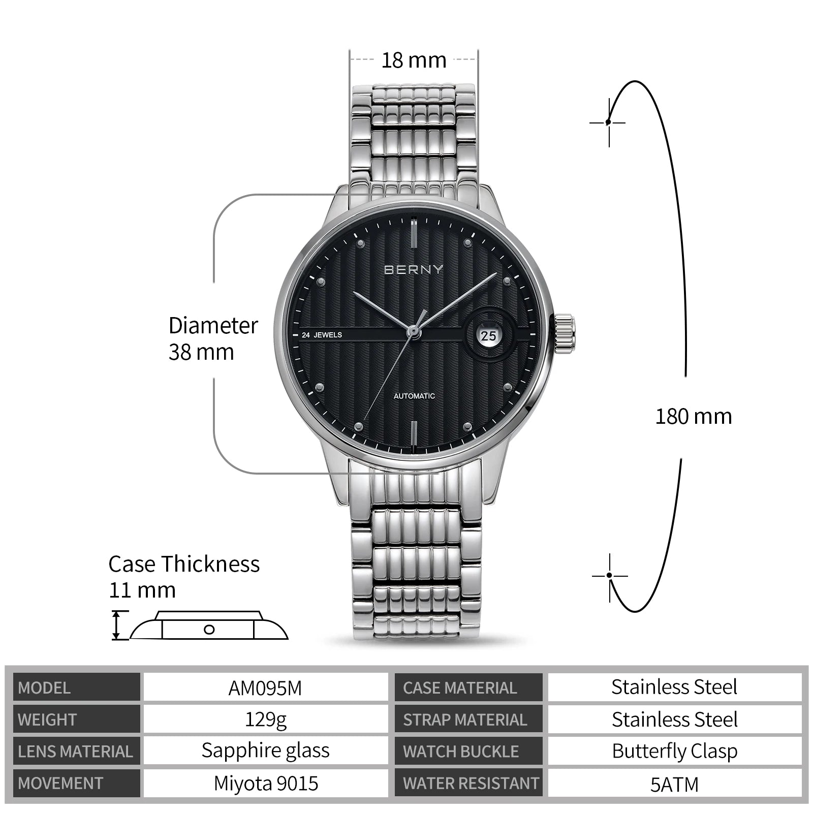 Montre Mécanique Automatique Luxe BERNY Couple Saphir Acier Miyota 9015 5ATM – Homme & Femme