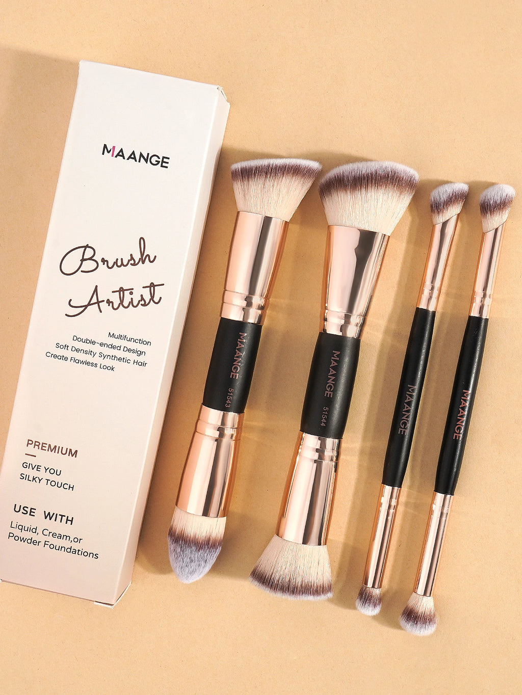 Set 4 Pinceaux Maquillage MAANGE Double Embout – Fond de Teint, Poudre & Fards | Boîte Voyage Débutante