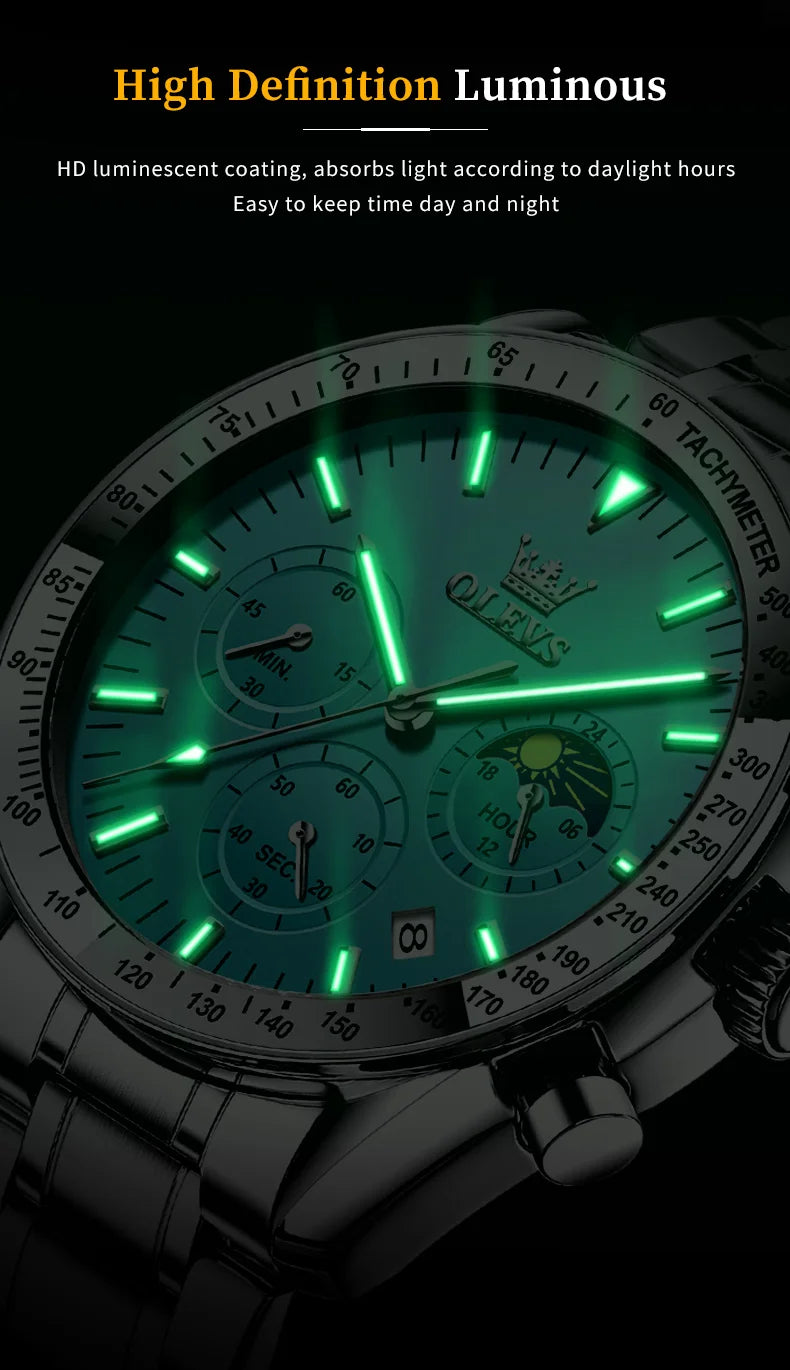 Montre Homme OLEVS Chronographe Phase de Lune Quartz Bleu Acier – Étanche Lumineux Date Fashion