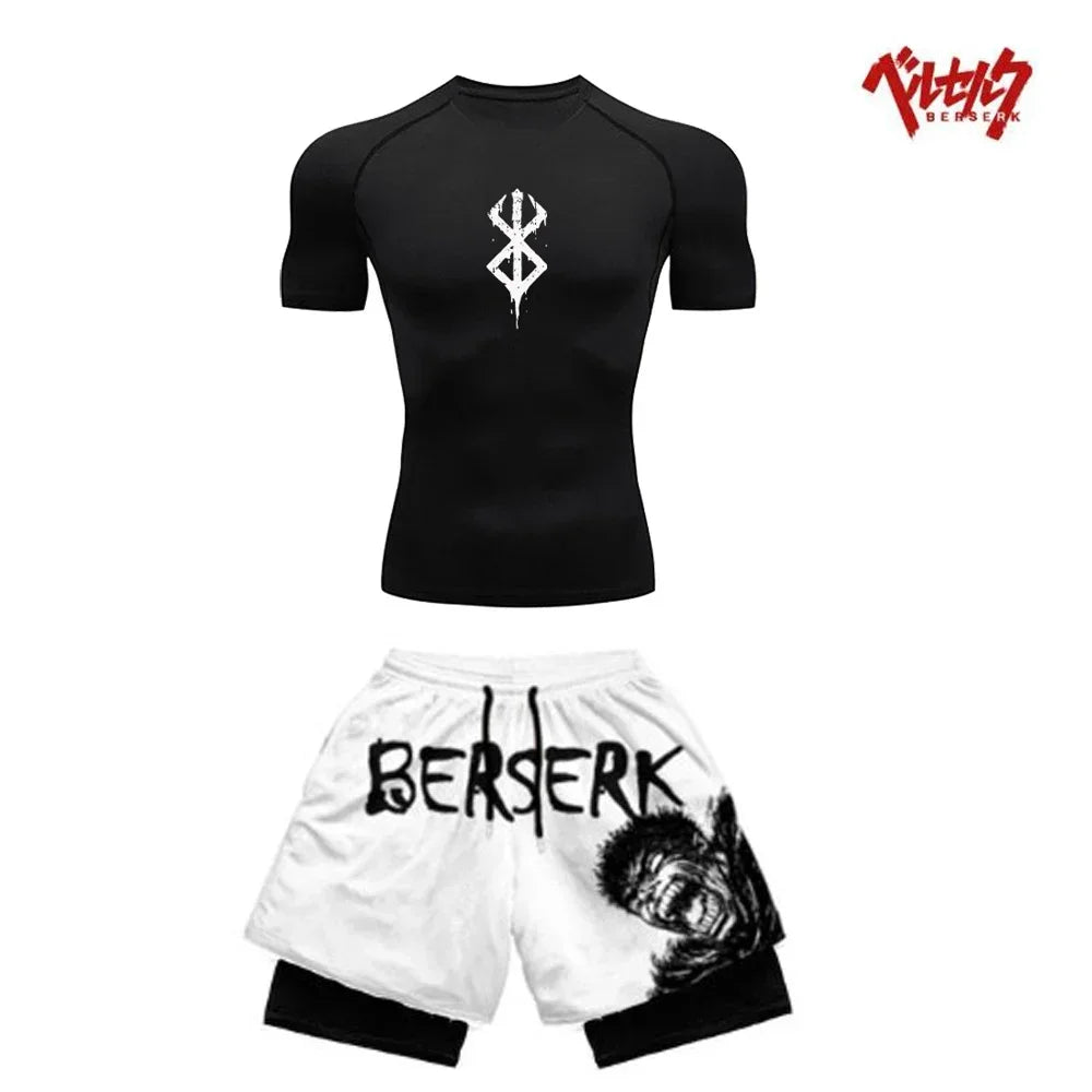 Ensemble Compression Homme Anime Berserk – T-Shirt + Short Gym Séchage Rapide | Running, Fitness & Workout Été | Sportswear Manga