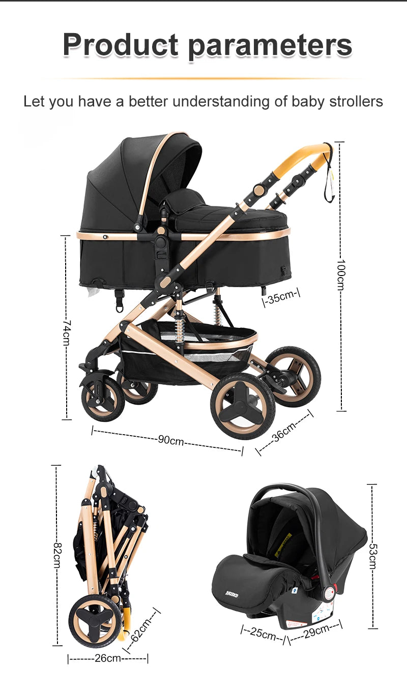 Poussette Bébé 3 en 1 Luxe Pliable Noire – Cadre Aluminium, Haute Vue, Nacelle & Siège | Voyage Nouveau-Né & Nourrisson