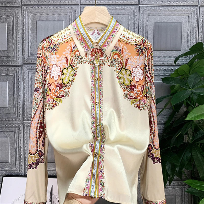Chemisier Femme Vintage Imprimé Luxe Manches Longues Slim Élégant – Blouse Casual Chic | Automne S-3XL
