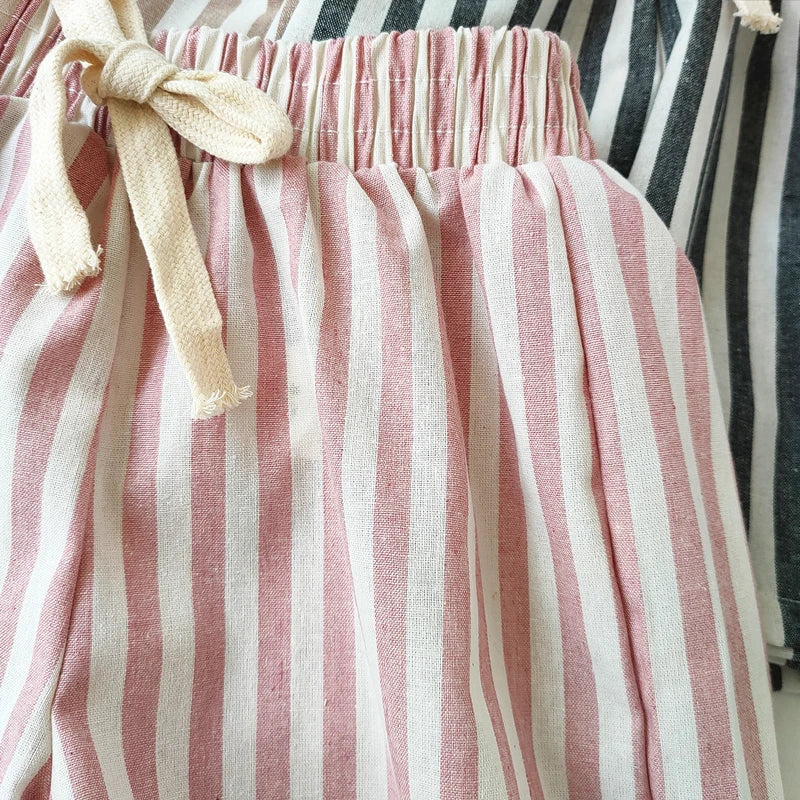 Short Lin Coton Enfant Rayures – Pantalon Court Casual Vintage Ample Garçon Fille Été