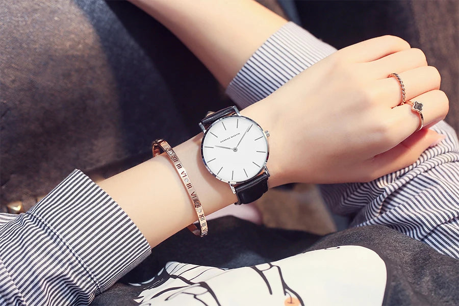 Montre Femme Luxe HANNAH MARTIN Ultra-Fine 36mm Cuir Or Rose – Étanche Élégante Fashion