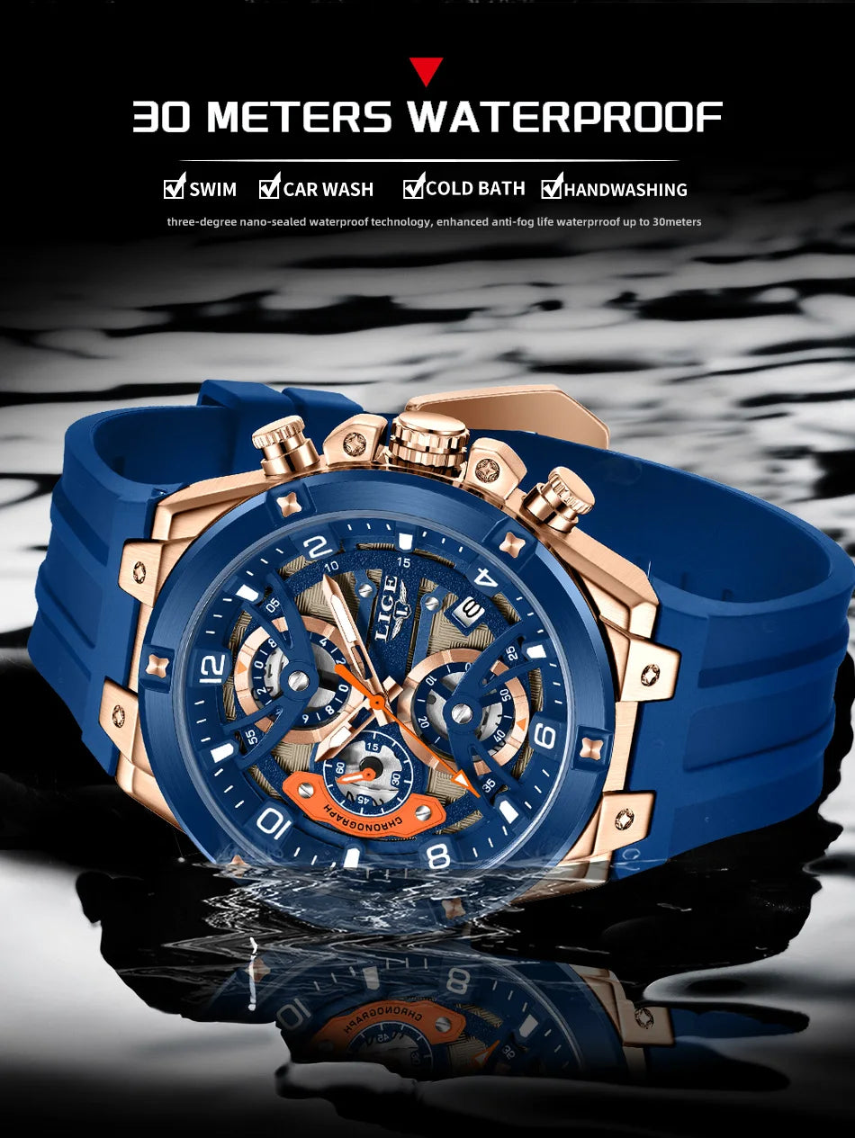 Montre Homme LIGE Militaire Luxe Chronographe Quartz – Lumineux Date Sport Silicone Étanche