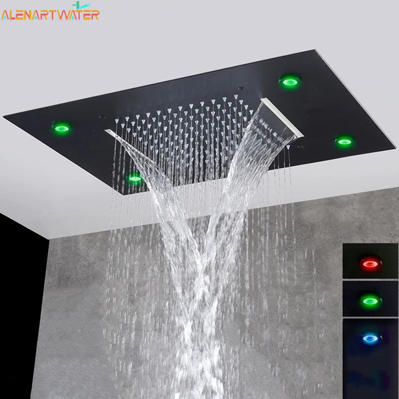 Pommeau Douche Plafond LED Cascade Luxe 49x35cm – Lumières Multicolores Intégrées | Salle de Bain Spa