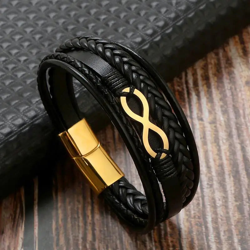 Bracelet Cuir Multi-Rangs Symbole Infini Acier Inoxydable Homme – Style Punk & Biker Authentique | Bijou Homme Streetwear Cadeau Mode Premium