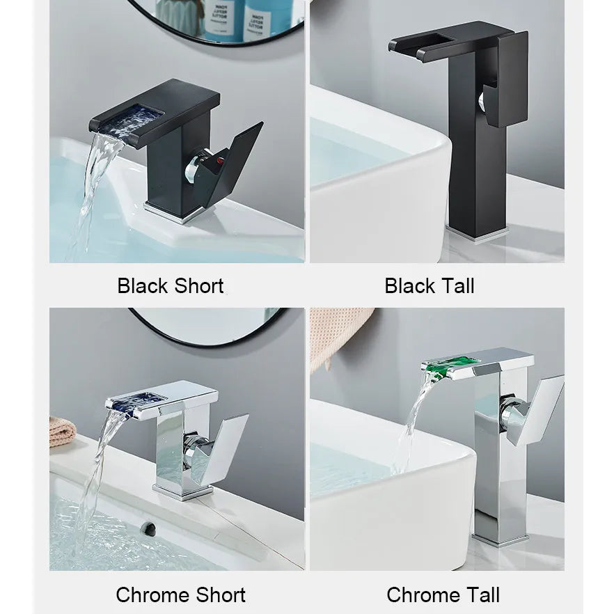 Rozin Robinet Lavabo Noir LED Cascade Hydroélectrique – Mitigeur Eau Chaude & Froide, Lumière LED Automatique | Vasque Design