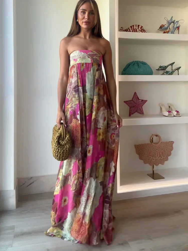 Robe Maxi Femme Imprimée Sans Bretelles Épaules Dénudées Dos Nu Sans Manches Taille Haute – Robe de Soirée Élégante | Été