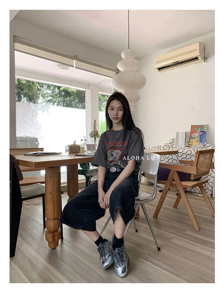 Short Jean Femme Taille Haute Noir Vintage Harajuku Y2K Streetwear – Denim Lavé Loose Casual Mi-Long | Mode