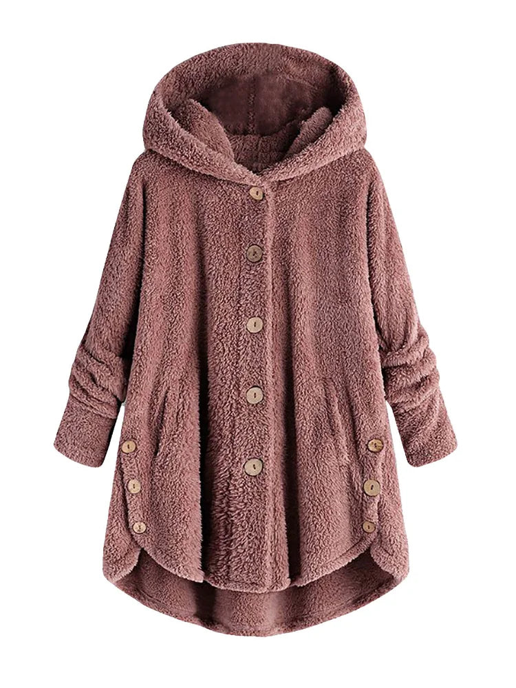 Damen Teddyfell-Mantel mit Kapuze – Warme Fleece-Jacke Unifarben | Herbst Winter Trend