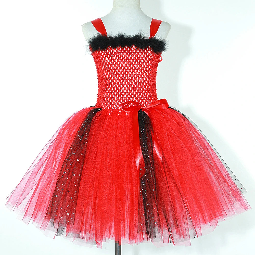 Déguisement Diablesse Rouge Fille – Robe Tutu Demon avec Ailes Cornes Trident Halloween Carnaval