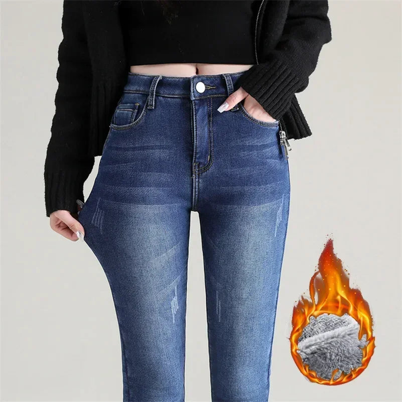 Jean Femme Thermique Skinny Taille Haute Chaud Polaire Stretch Denim – Pantalon Crayon Hiver Neige Confortable | Mode