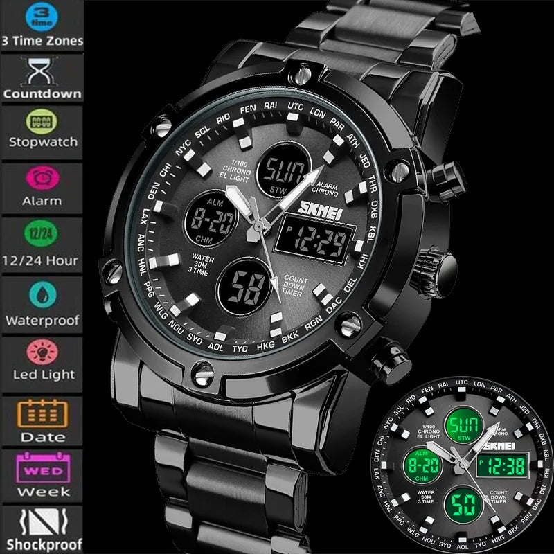 Montre Homme SKMEI Luxe Bracelet Acier 3 Fuseaux Horaires LED Sport Alarme Analogique Digitale Chronomètre | Montre SKMEI Multifonction Sport Luxe Premium