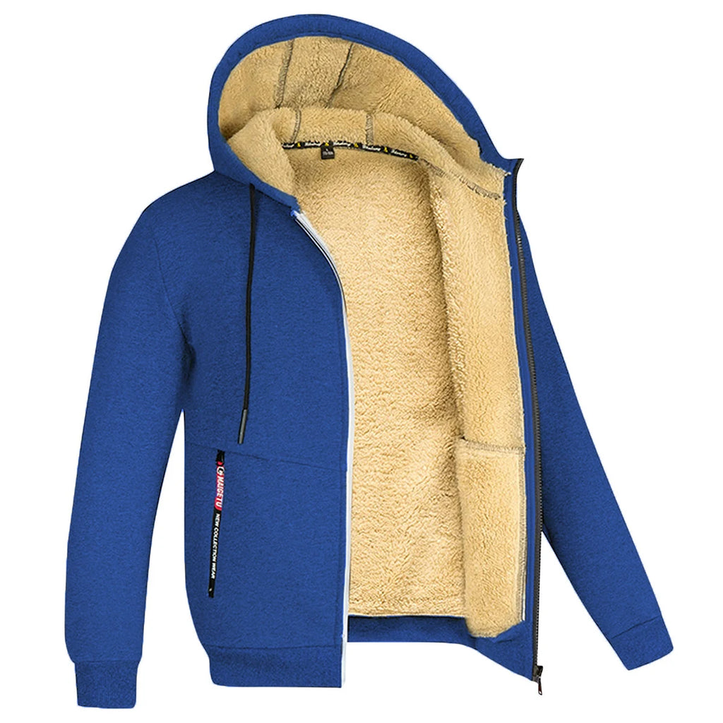 Unisex-Kapuzenstrickjacke aus Lammwolle, gefüttert mit Plüsch, Reißverschluss, Vordertaschen, warm für den Winter, einfarbig | Premium Hoodie aus Lammwolle