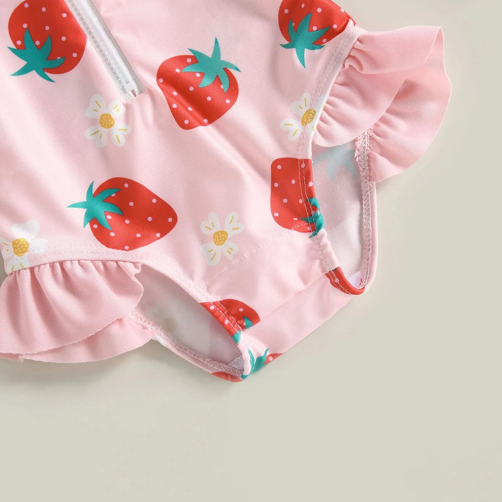 Maillot de Bain Bébé Fille Combinaison Zipper – Imprimé Flamant Rose Fleurs Manches Longues + Bandeau Été