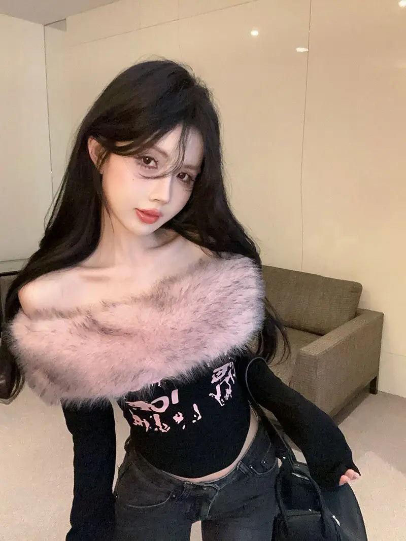 Top Femme Épaules Dénudées Tube Rétro Manches Longues Peluche Gainant Sexy – Sous-Pull Chic | Hiver