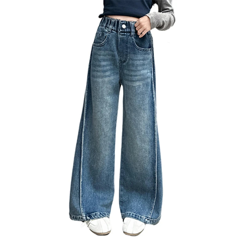 Jean Large Fille Taille Haute Bleu Foncé – Pantalon Denim Jambe Large Retroussable Enfant 4-14 Ans
