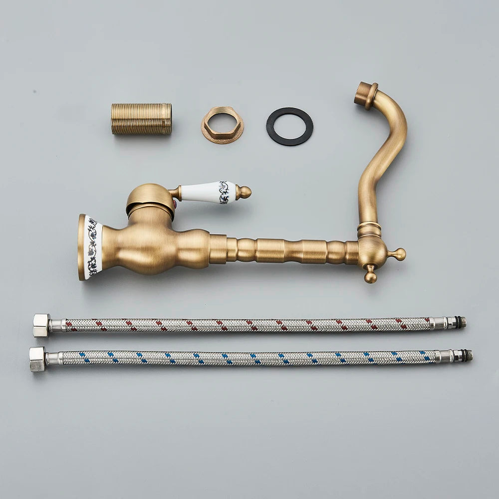 Robinet Laiton Antique Mono-Trou – Poignée Céramique Pivotante, Mitigeur Eau Chaude & Froide | Cuisine & Salle de Bain