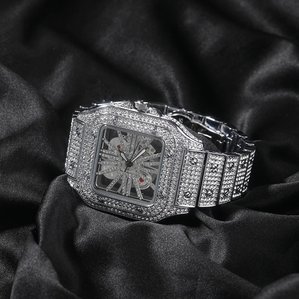 Montre Quartz Transparente Rhinestone Luxe Homme – Cadran Carré Skeleton 35mm Automatique