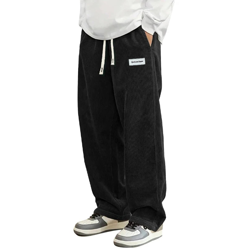 Pantalon Velours Côtelé Homme Loose Fit Coupe Droite Automne – Taille Élastique Cordon Outdoor Streetwear | Mode Homme