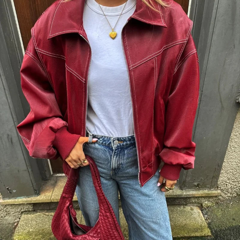 Kurze Damenjacke aus weinrotem PU-Leder, schmal geschnitten, Motorradstil, Reißverschluss, Revers, lange Ärmel – lässiger, schicker Perfecto | Highstreet