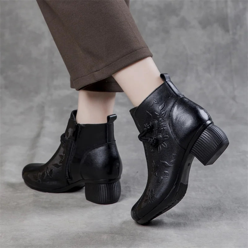 GKTINOO Bottines Cuir Véritable Talon Épais 2026 – Zip Retro Fait Main Automne Hiver