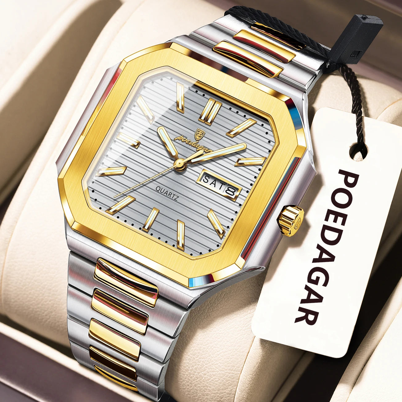 Montre Carrée Luxe Homme Poedagar – Quartz Étanche Lumineuse Date Semaine Acier Inoxydable Fashion